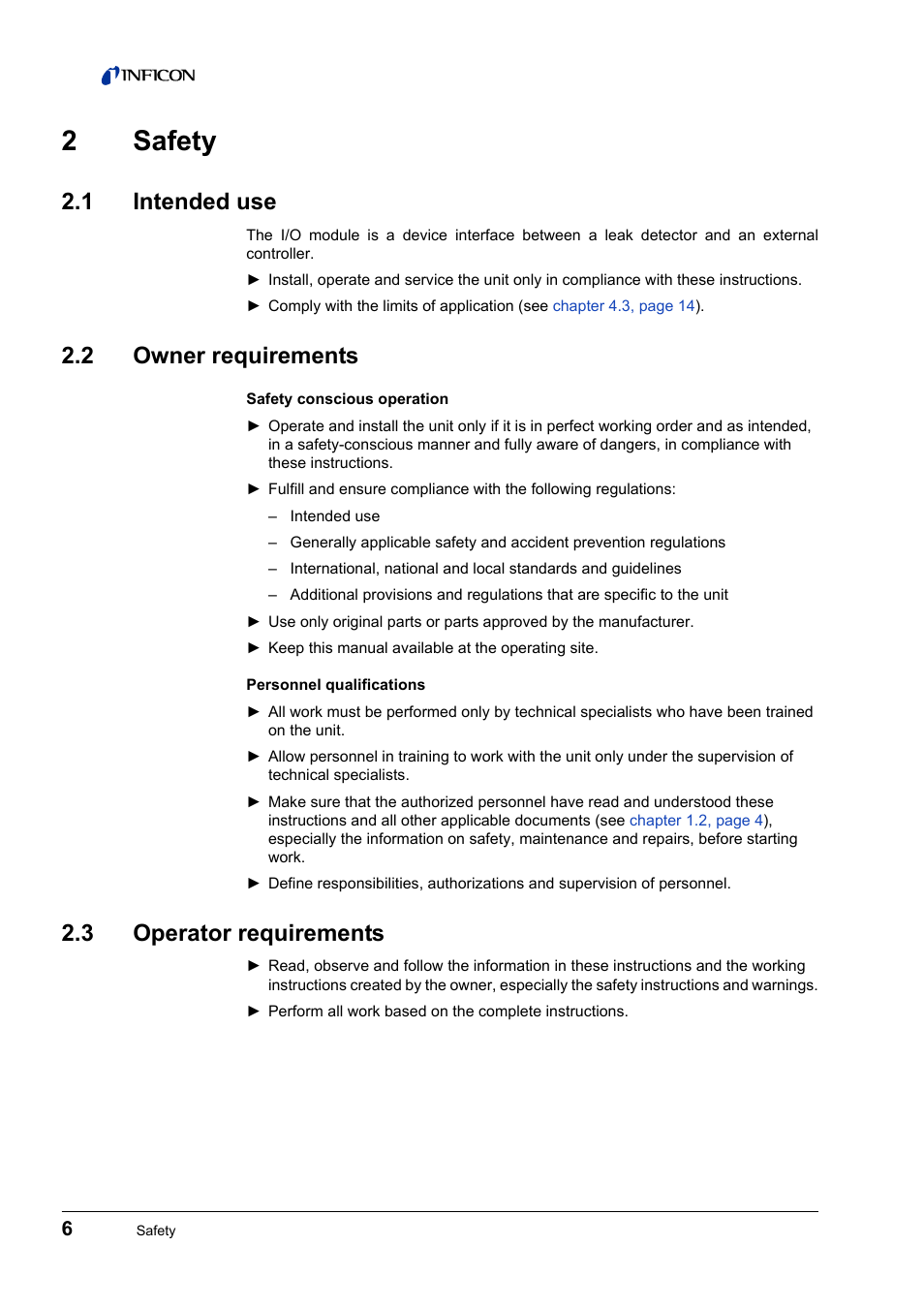 2 safety, 1 intended use, 2 owner requirements | 3 operator requirements, Intended use, Owner requirements, Operator requirements, 2safety | INFICON IO1000 I/O module User Manual | Page 6 / 18