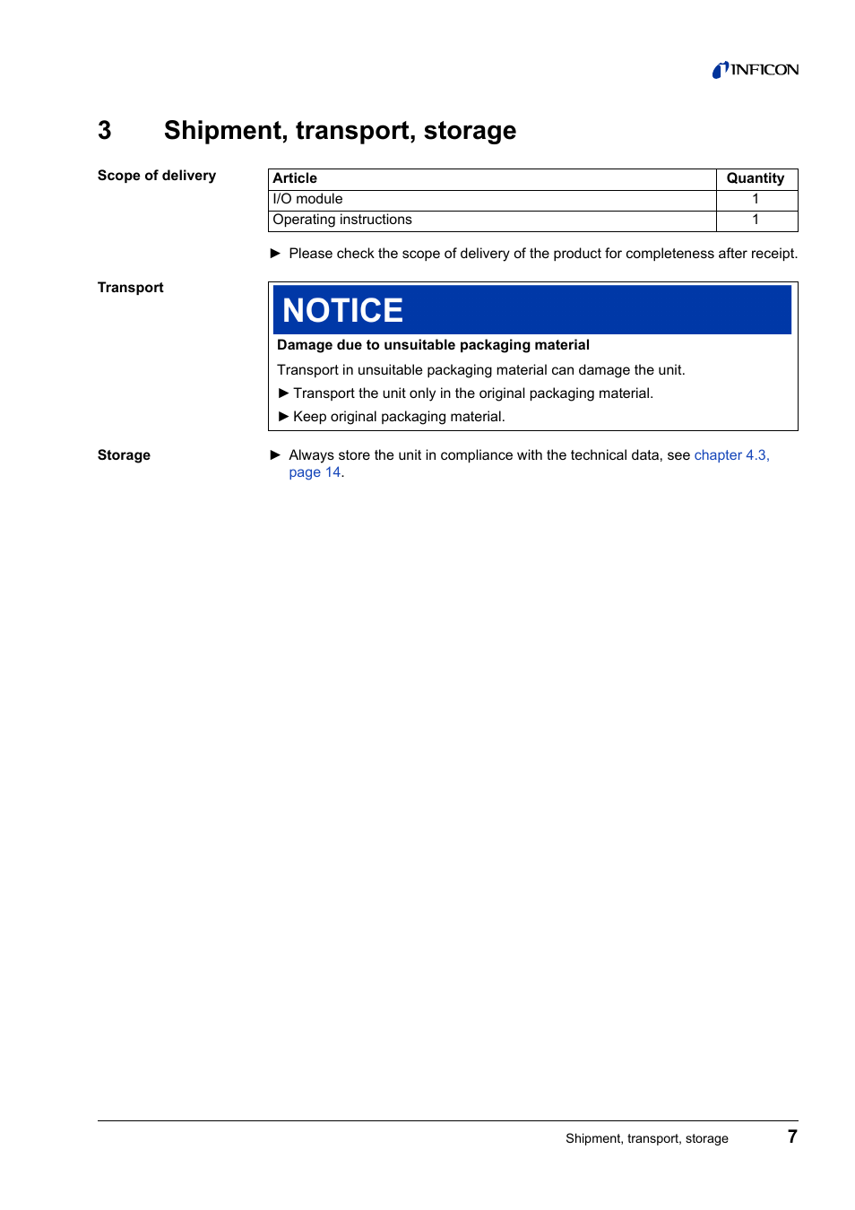 3 shipment, transport, storage, 3shipment, transport, storage | INFICON IO1000 I/O module User Manual | Page 7 / 18