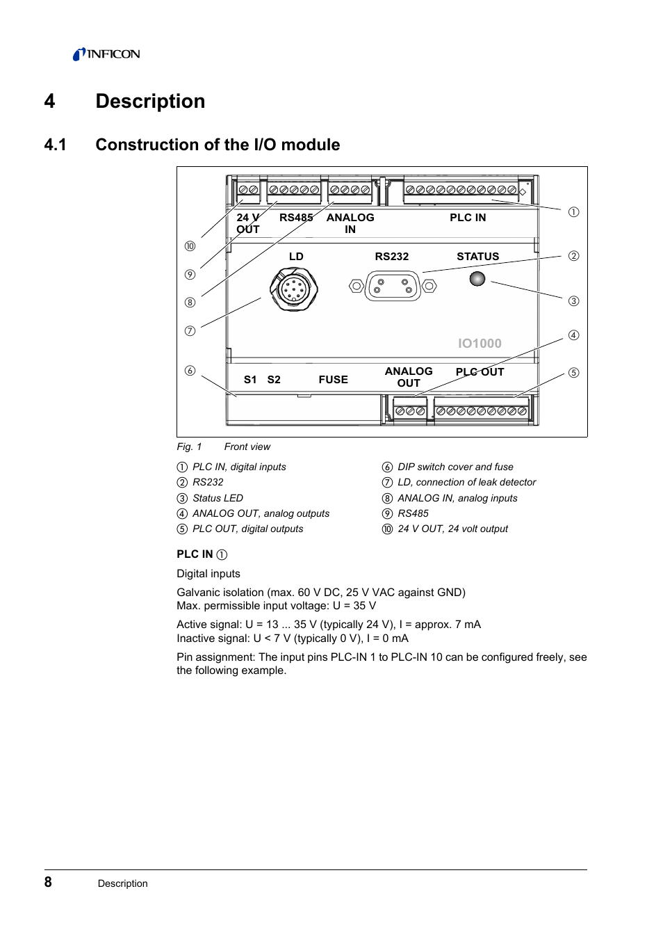 4 description, 1 construction of the i/o module, Construction of the i/o module | 4description | INFICON IO1000 I/O module User Manual | Page 8 / 18