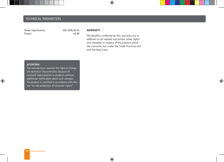 Technical parameters | Bork CF TOR 4040 SI User Manual | Page 18 / 40