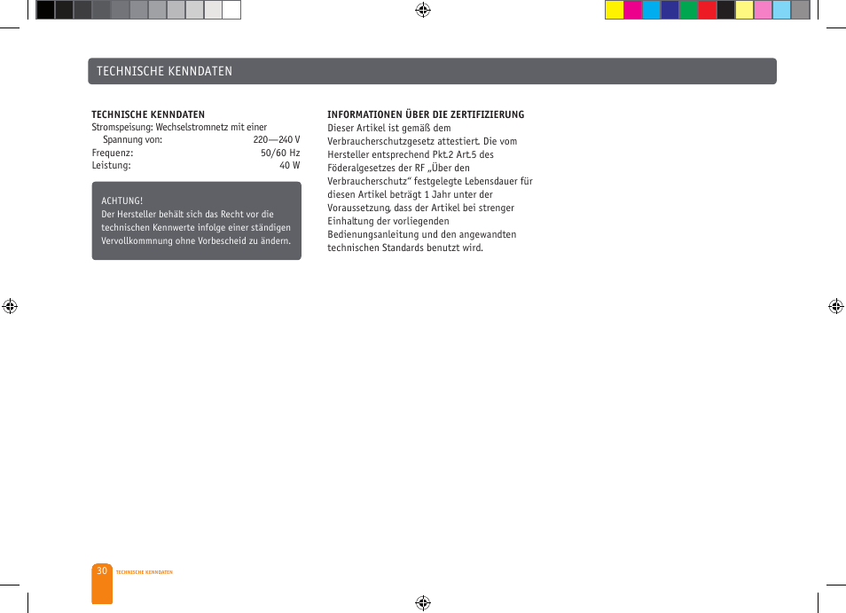 Technische kenndaten | Bork CF TOR 4040 SI User Manual | Page 30 / 40