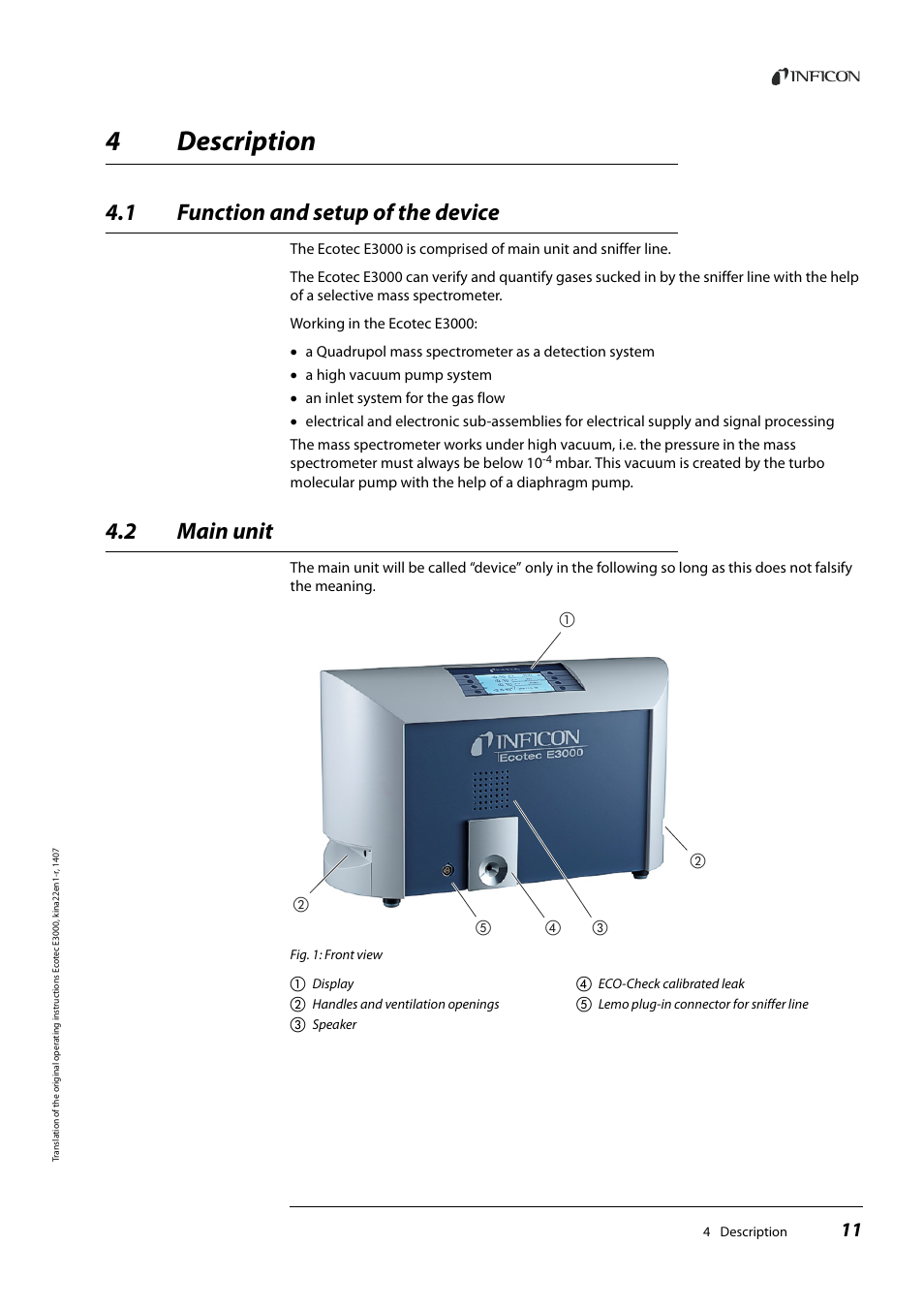 4 description, 1 function and setup of the device, 2 main unit | Description, Function and setup of the device, Main unit, 4description | INFICON Ecotec E3000 Multigas-Sniffer-Leak Detector User Manual | Page 11 / 92