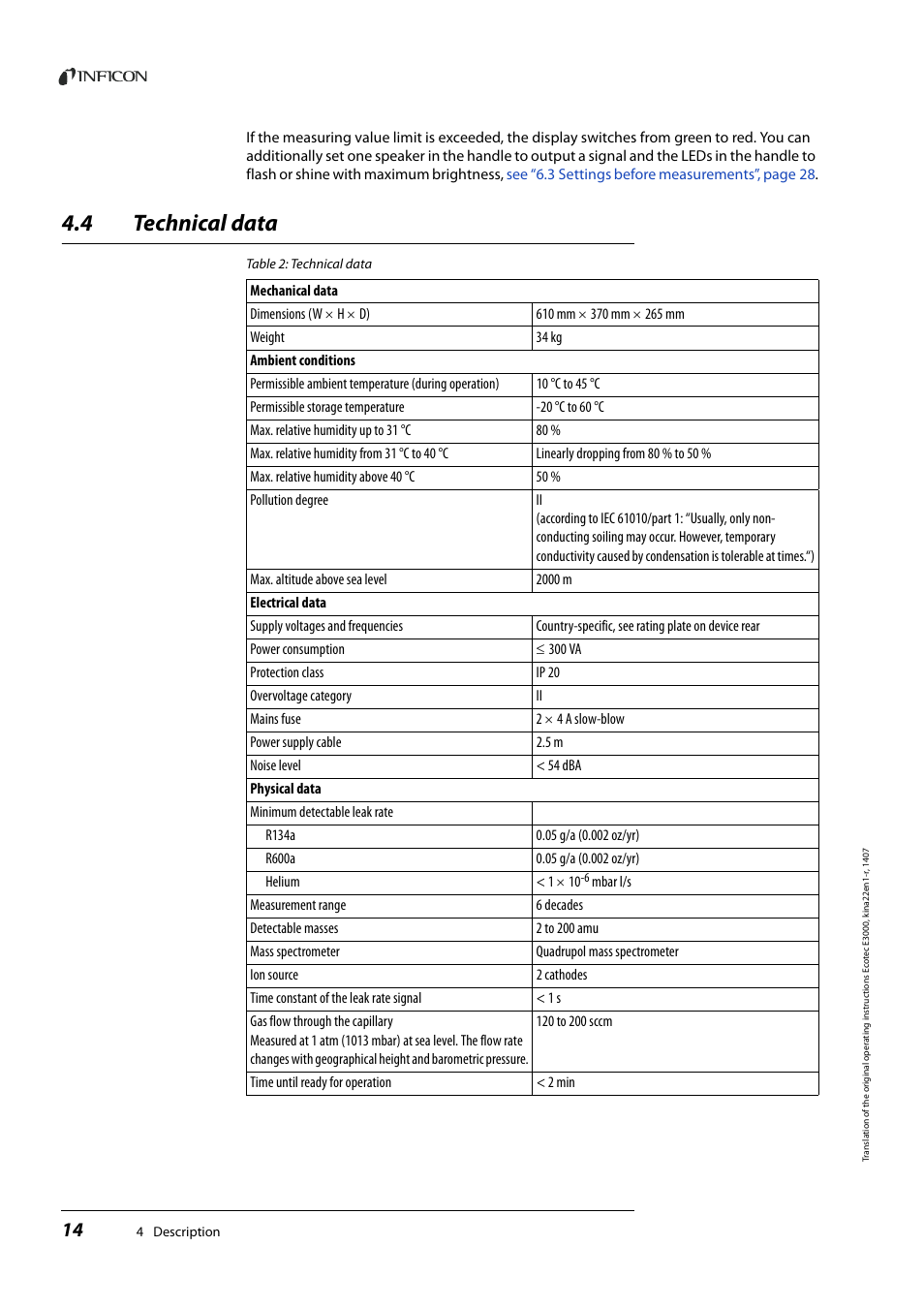 4 technical data, Technical data | INFICON Ecotec E3000 Multigas-Sniffer-Leak Detector User Manual | Page 14 / 92