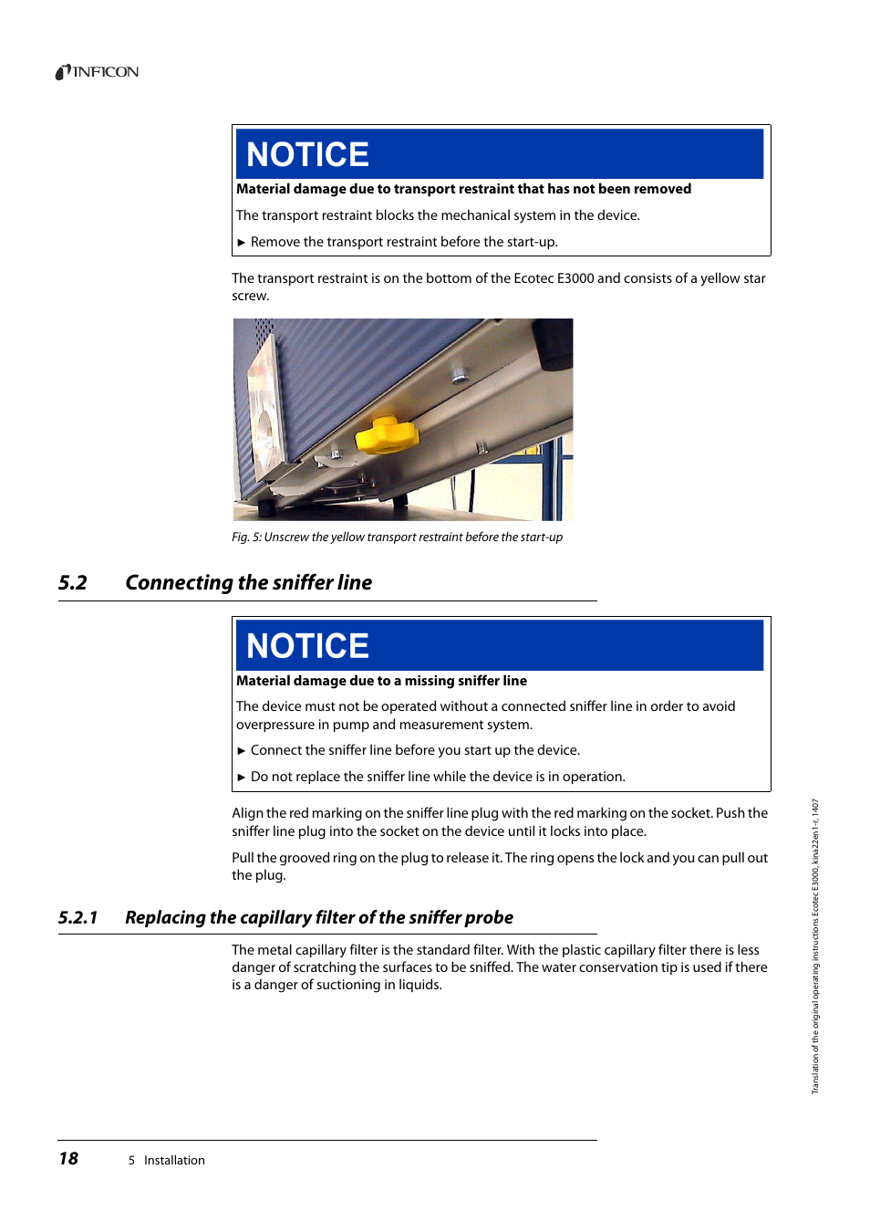 2 connecting the sniffer line, Connecting the sniffer line | INFICON Ecotec E3000 Multigas-Sniffer-Leak Detector User Manual | Page 18 / 92