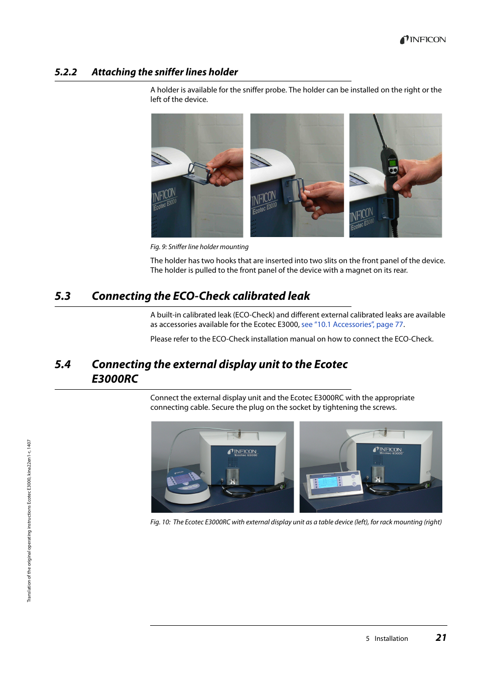 2 attaching the sniffer lines holder, 3 connecting the eco-check calibrated leak, Attaching the sniffer lines holder | Connecting the eco-check calibrated leak | INFICON Ecotec E3000 Multigas-Sniffer-Leak Detector User Manual | Page 21 / 92
