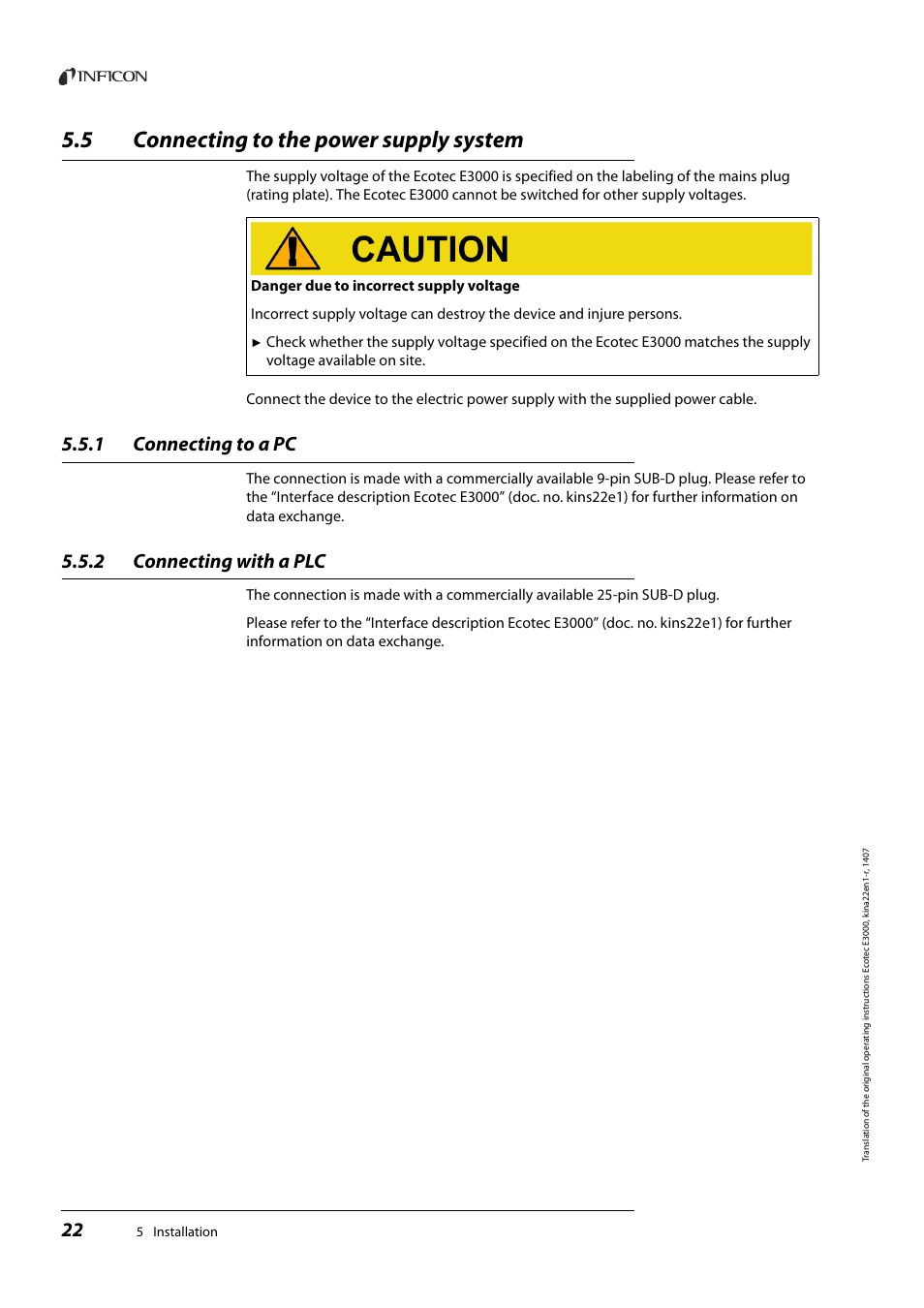 5 connecting to the power supply system, 1 connecting to a pc, 2 connecting with a plc | Connecting to the power supply system, Connecting to a pc, Connecting with a plc | INFICON Ecotec E3000 Multigas-Sniffer-Leak Detector User Manual | Page 22 / 92
