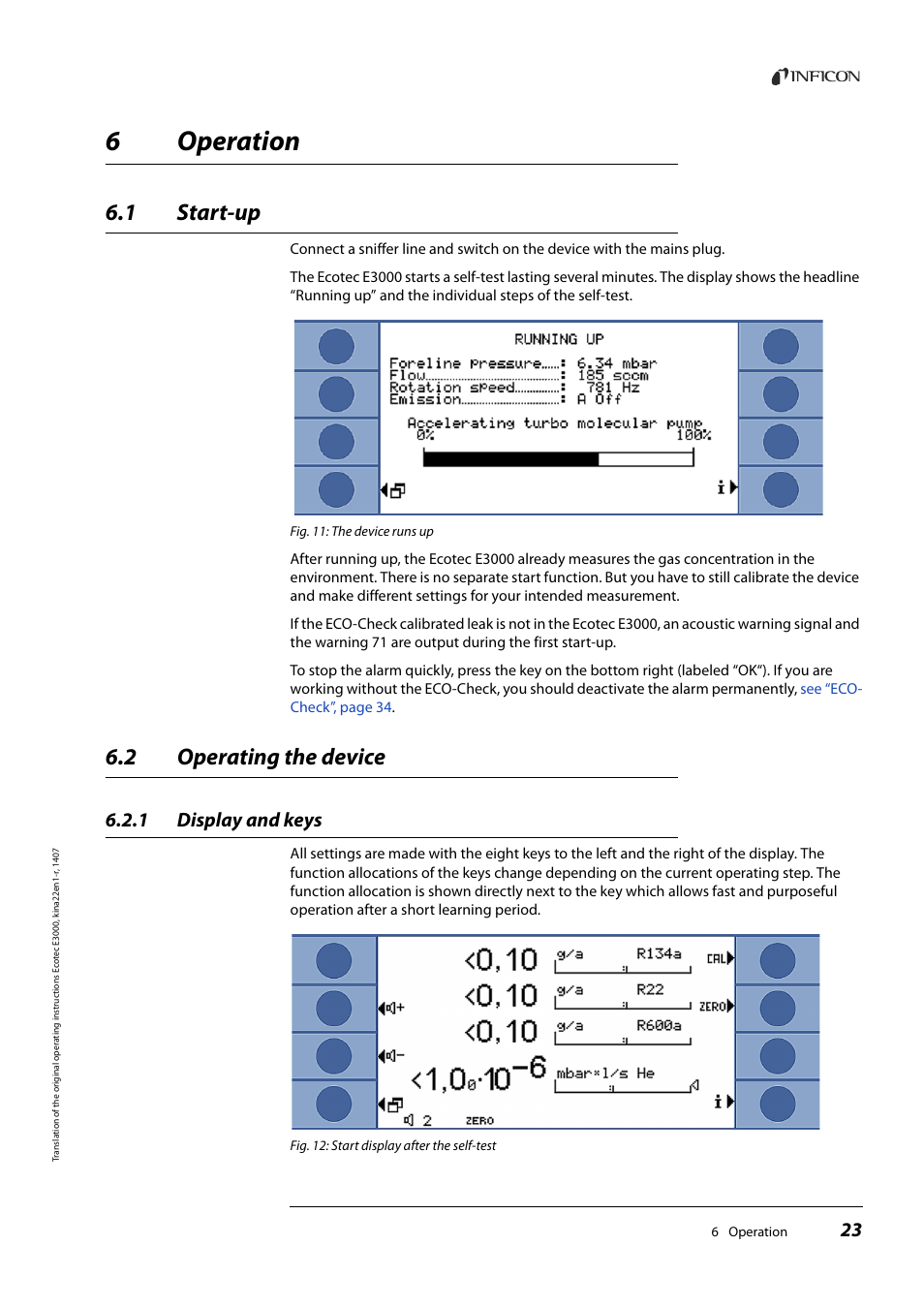 6 operation, 1 start-up, 2 operating the device | 1 display and keys, Operation, Start-up, Operating the device, Display and keys, 6operation | INFICON Ecotec E3000 Multigas-Sniffer-Leak Detector User Manual | Page 23 / 92