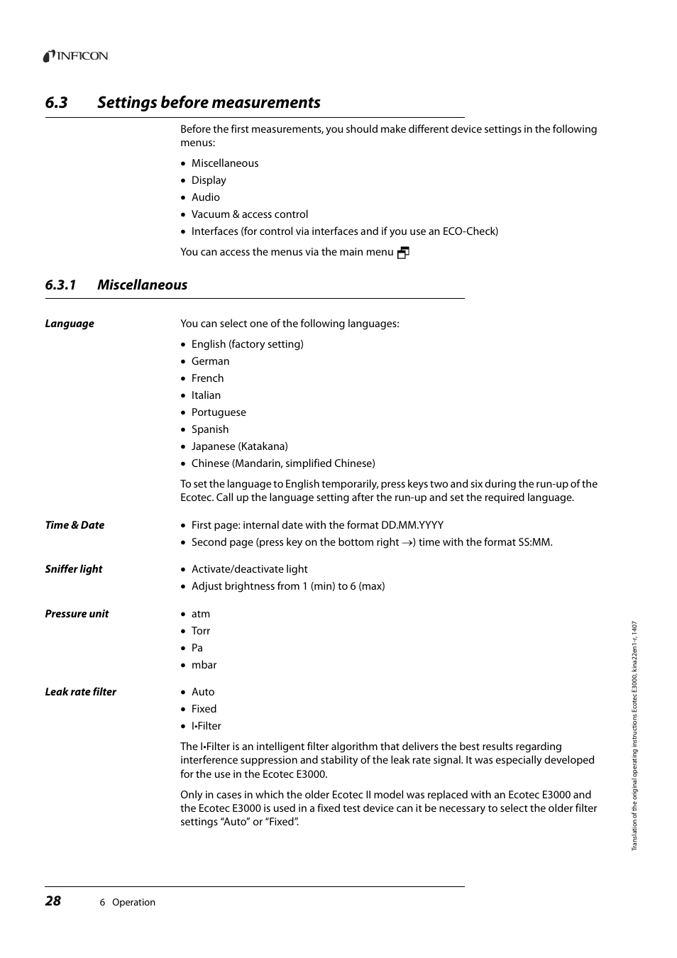 3 settings before measurements, 1 miscellaneous, Settings before measurements | Miscellaneous | INFICON Ecotec E3000 Multigas-Sniffer-Leak Detector User Manual | Page 28 / 92