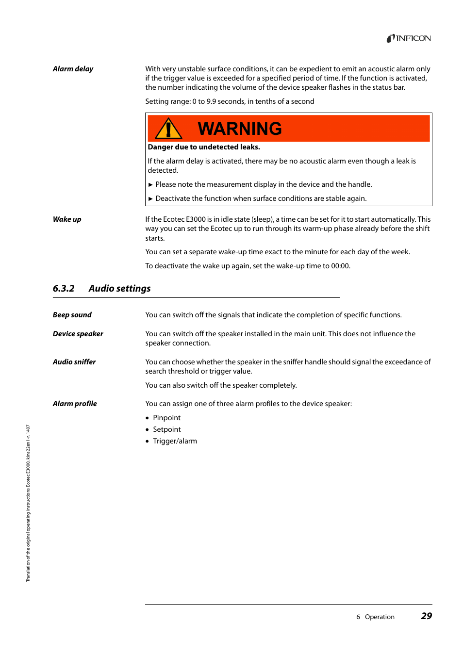 2 audio settings, Audio settings, See “alarm delay | INFICON Ecotec E3000 Multigas-Sniffer-Leak Detector User Manual | Page 29 / 92