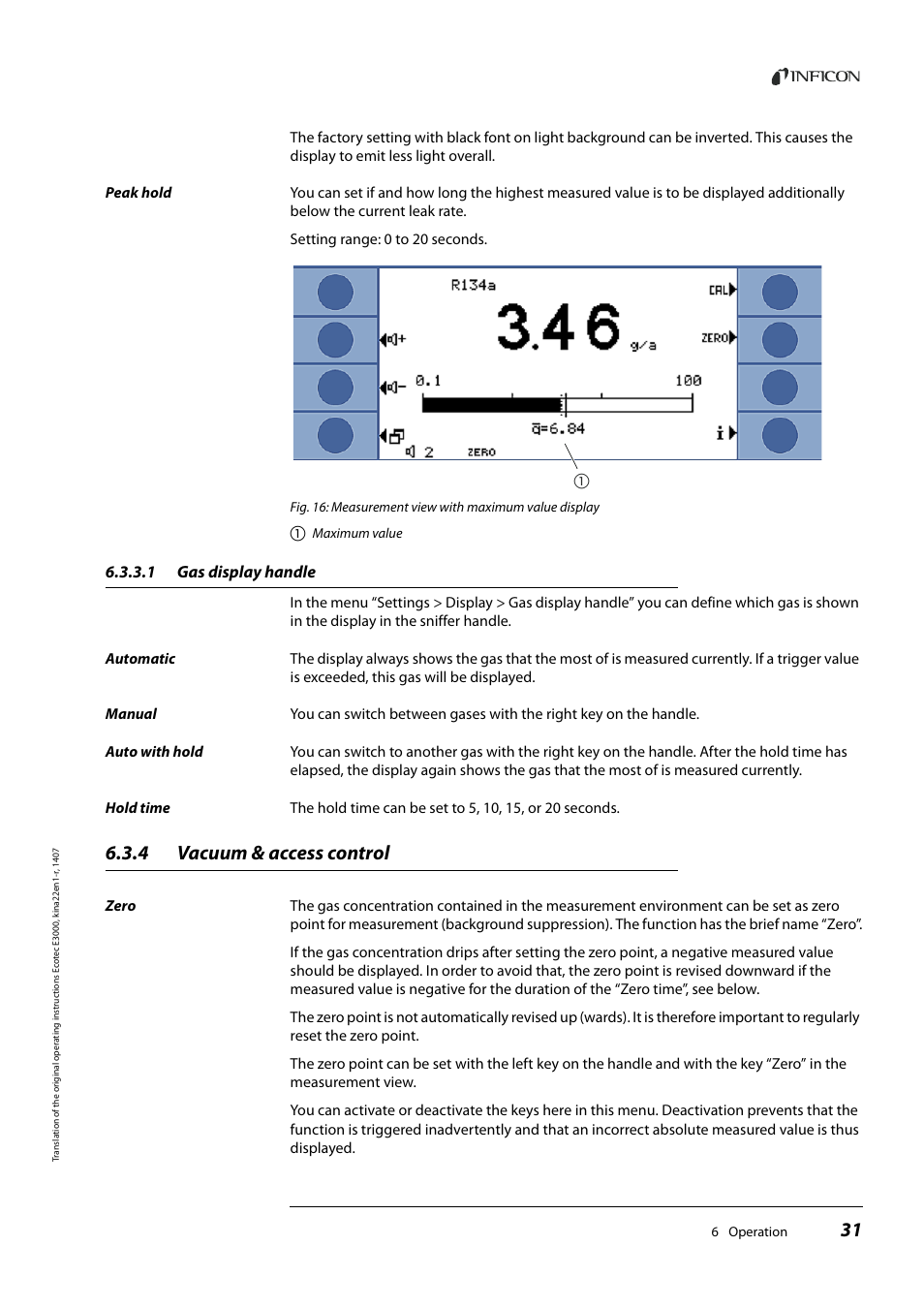 1 gas display handle, 4 vacuum & access control, Gas display handle | Vacuum & access control | INFICON Ecotec E3000 Multigas-Sniffer-Leak Detector User Manual | Page 31 / 92