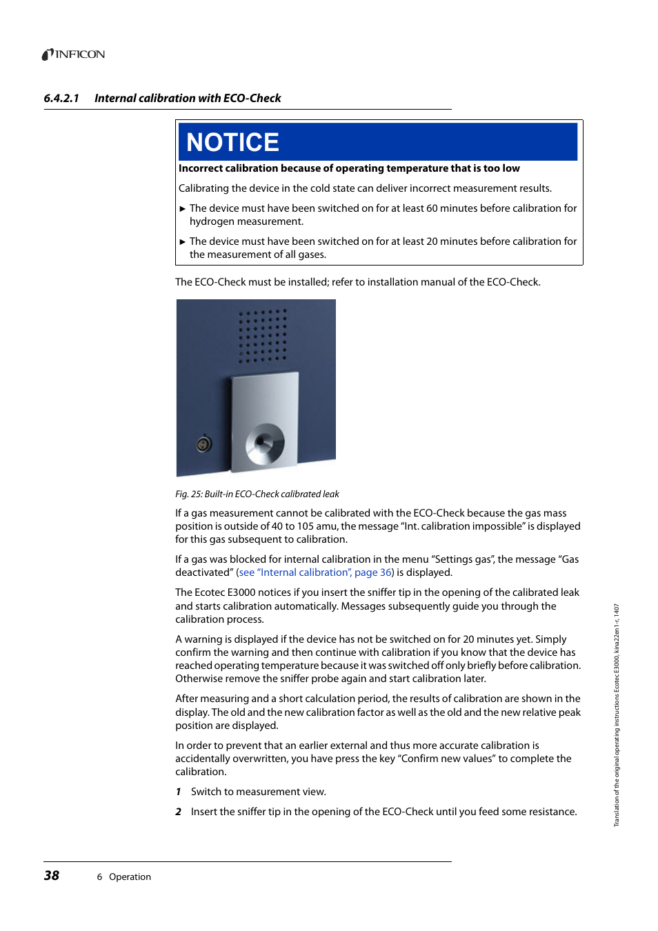 1 internal calibration with eco-check, Internal calibration with eco-check | INFICON Ecotec E3000 Multigas-Sniffer-Leak Detector User Manual | Page 38 / 92