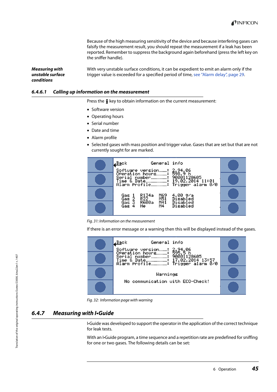 1 calling up information on the measurement, 7 measuring with i•guide, Calling up information on the measurement | Measuring with i•guide, See “6.4.6.1 calling up information on the | INFICON Ecotec E3000 Multigas-Sniffer-Leak Detector User Manual | Page 45 / 92