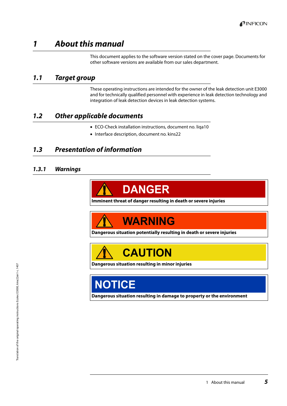 1 about this manual, 1 target group, 2 other applicable documents | 3 presentation of information, 1 warnings, About this manual, Target group, Other applicable documents, Presentation of information, Warnings | INFICON Ecotec E3000 Multigas-Sniffer-Leak Detector User Manual | Page 5 / 92