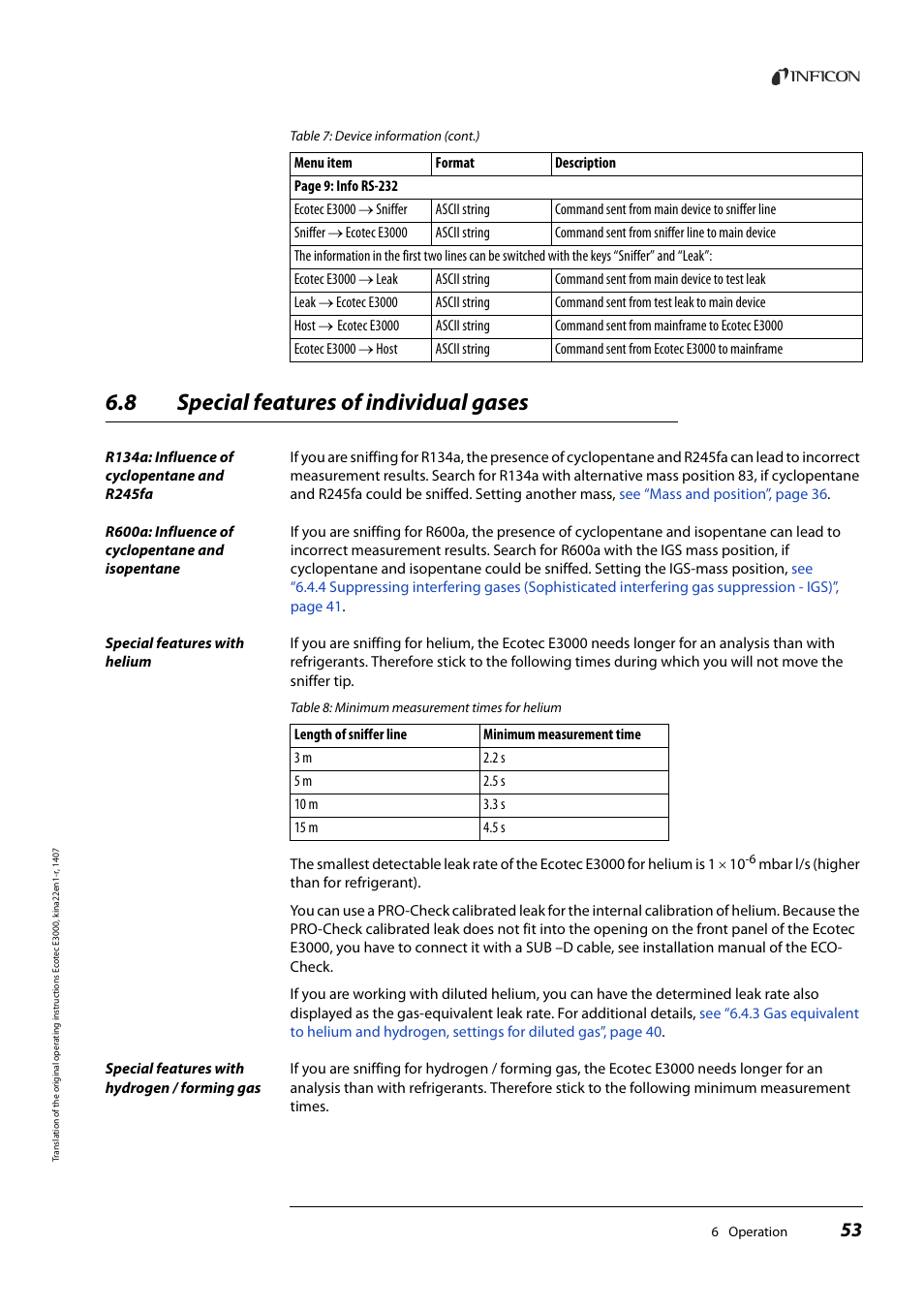 8 special features of individual gases, Special features of individual gases | INFICON Ecotec E3000 Multigas-Sniffer-Leak Detector User Manual | Page 53 / 92