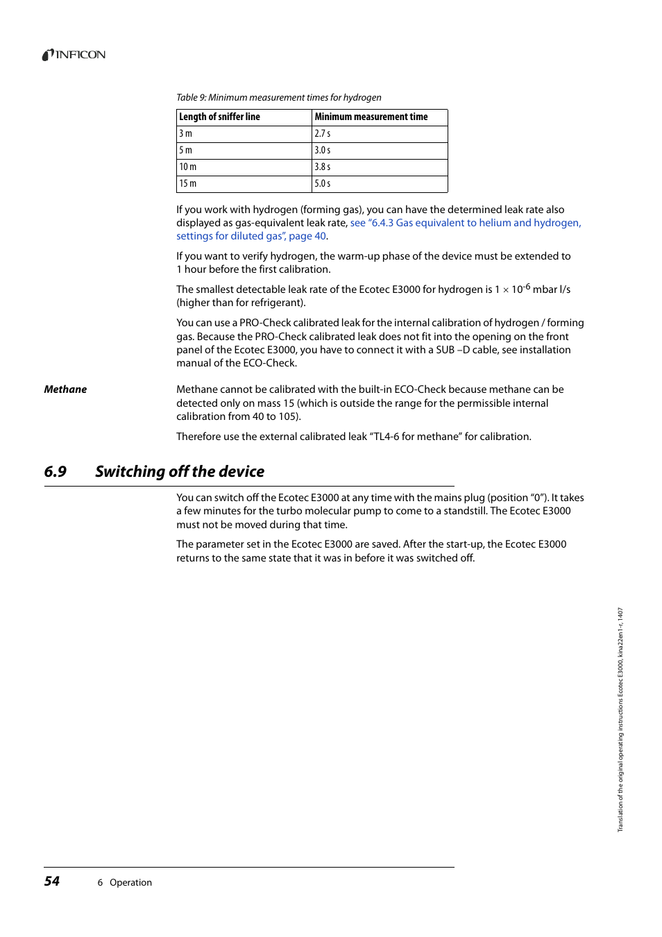 9 switching off the device, Switching off the device | INFICON Ecotec E3000 Multigas-Sniffer-Leak Detector User Manual | Page 54 / 92