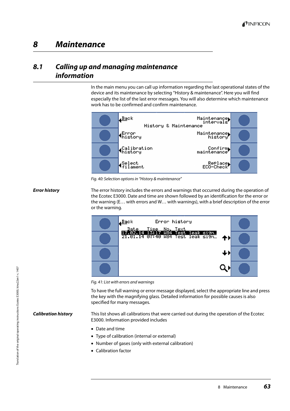 8 maintenance, 1 calling up and managing maintenance information, Maintenance | Calling up and managing maintenance information, 8maintenance | INFICON Ecotec E3000 Multigas-Sniffer-Leak Detector User Manual | Page 63 / 92