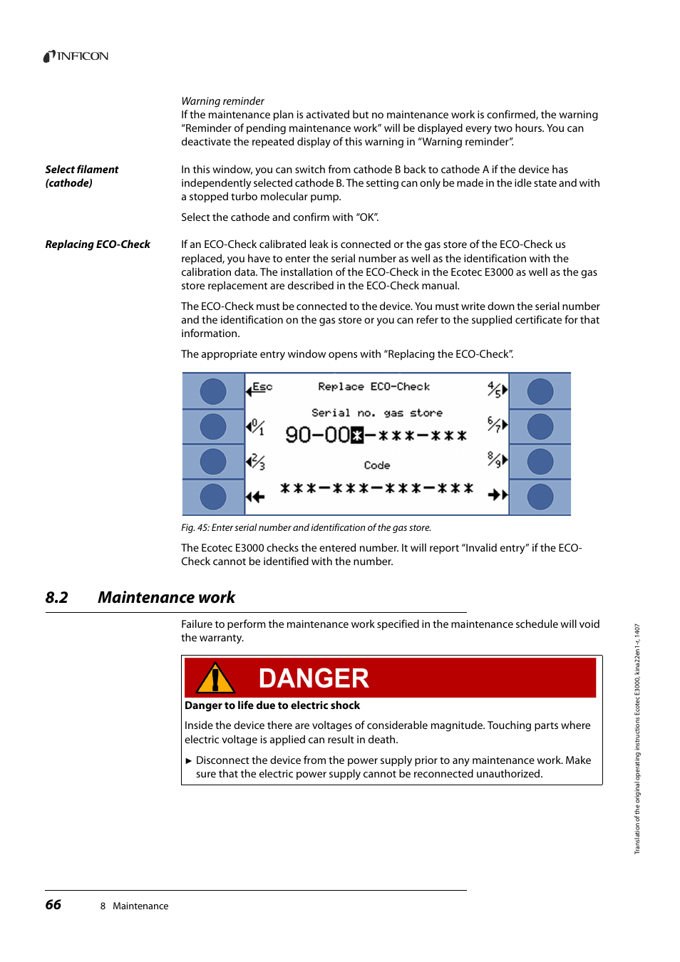 2 maintenance work, Maintenance work, See “warning | INFICON Ecotec E3000 Multigas-Sniffer-Leak Detector User Manual | Page 66 / 92