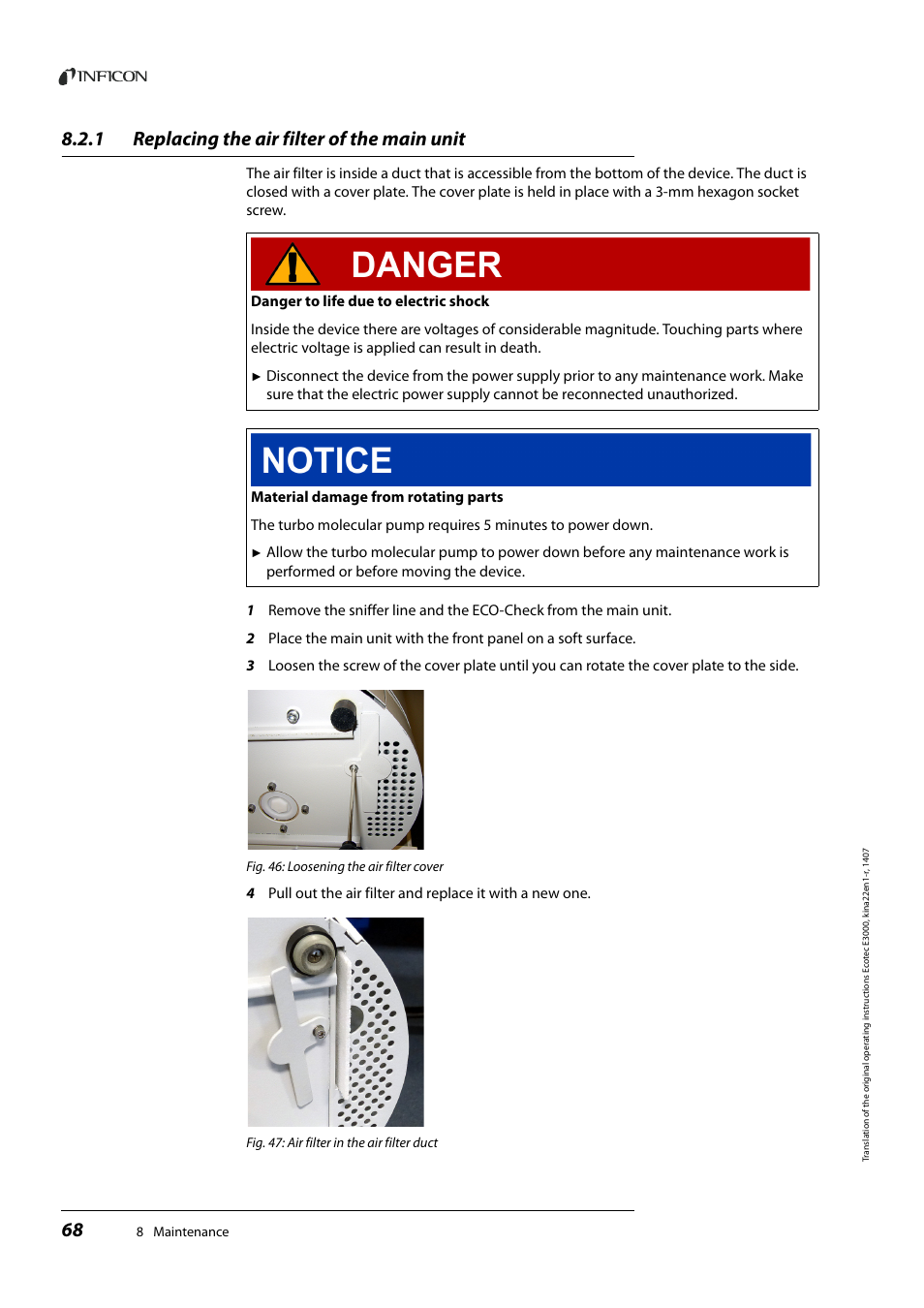 1 replacing the air filter of the main unit, Replacing the air filter of the main unit | INFICON Ecotec E3000 Multigas-Sniffer-Leak Detector User Manual | Page 68 / 92