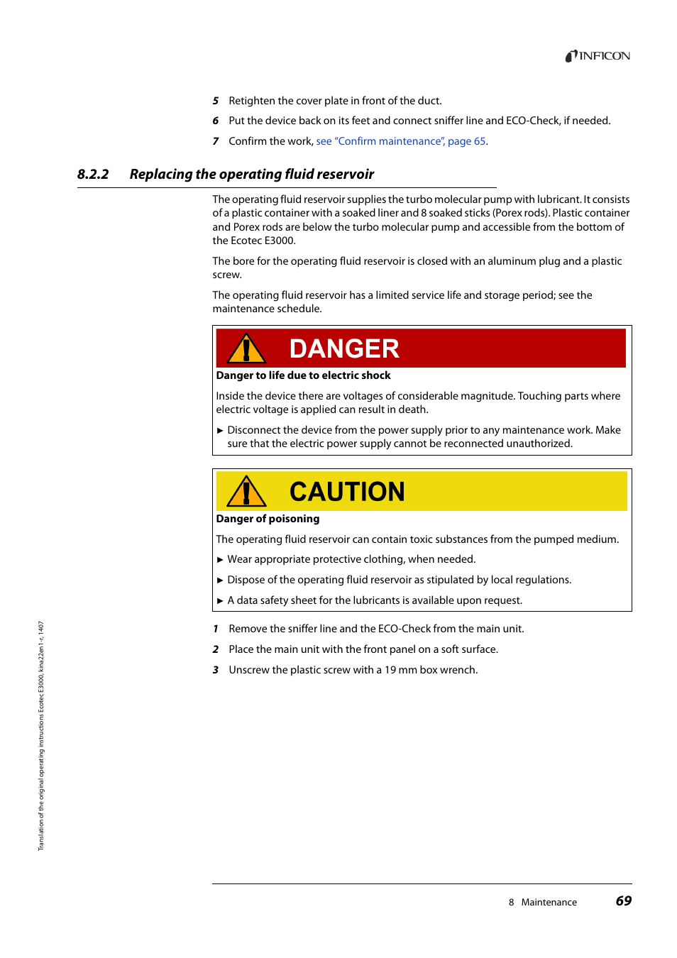 2 replacing the operating fluid reservoir, Replacing the operating fluid reservoir | INFICON Ecotec E3000 Multigas-Sniffer-Leak Detector User Manual | Page 69 / 92