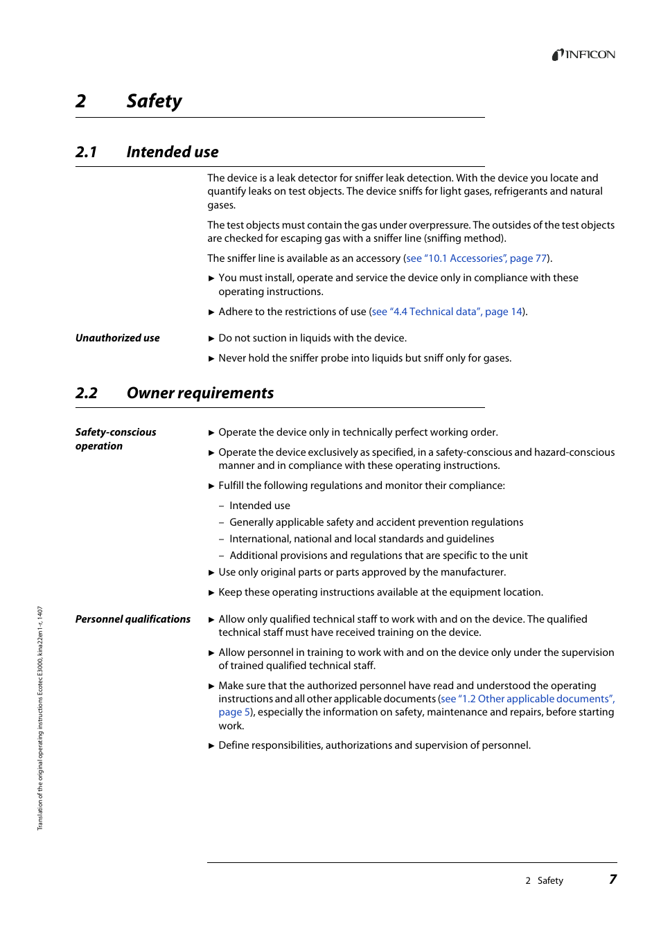 2 safety, 1 intended use, 2 owner requirements | Safety, Intended use, Owner requirements, 2safety | INFICON Ecotec E3000 Multigas-Sniffer-Leak Detector User Manual | Page 7 / 92