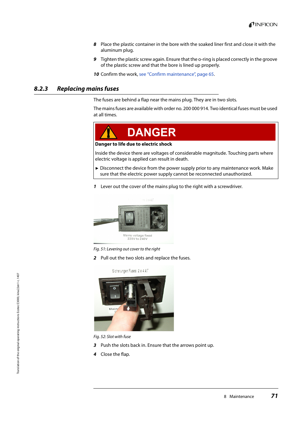 3 replacing mains fuses, Replacing mains fuses | INFICON Ecotec E3000 Multigas-Sniffer-Leak Detector User Manual | Page 71 / 92