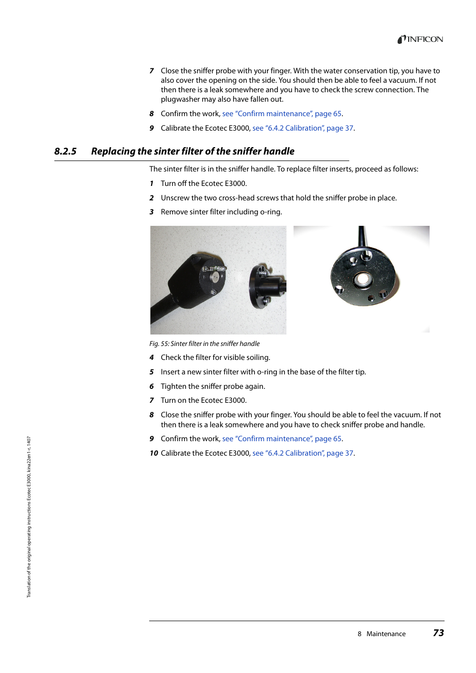 Replacing the sinter filter of the sniffer handle | INFICON Ecotec E3000 Multigas-Sniffer-Leak Detector User Manual | Page 73 / 92