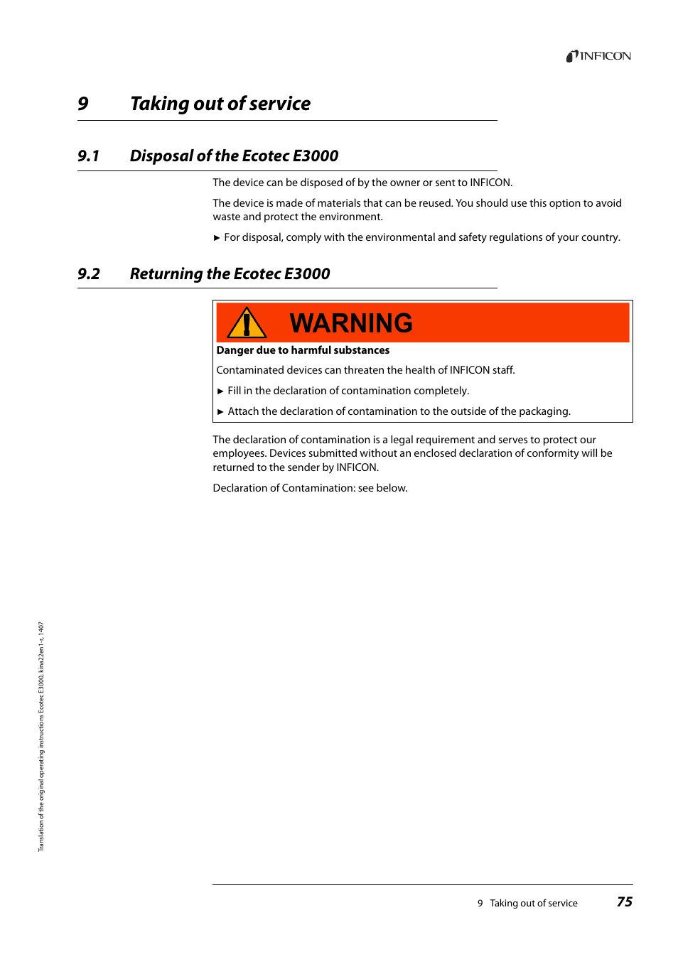 9 taking out of service, 1 disposal of the ecotec e3000, 2 returning the ecotec e3000 | Taking out of service, Disposal of the ecotec e3000, Returning the ecotec e3000, 9taking out of service | INFICON Ecotec E3000 Multigas-Sniffer-Leak Detector User Manual | Page 75 / 92