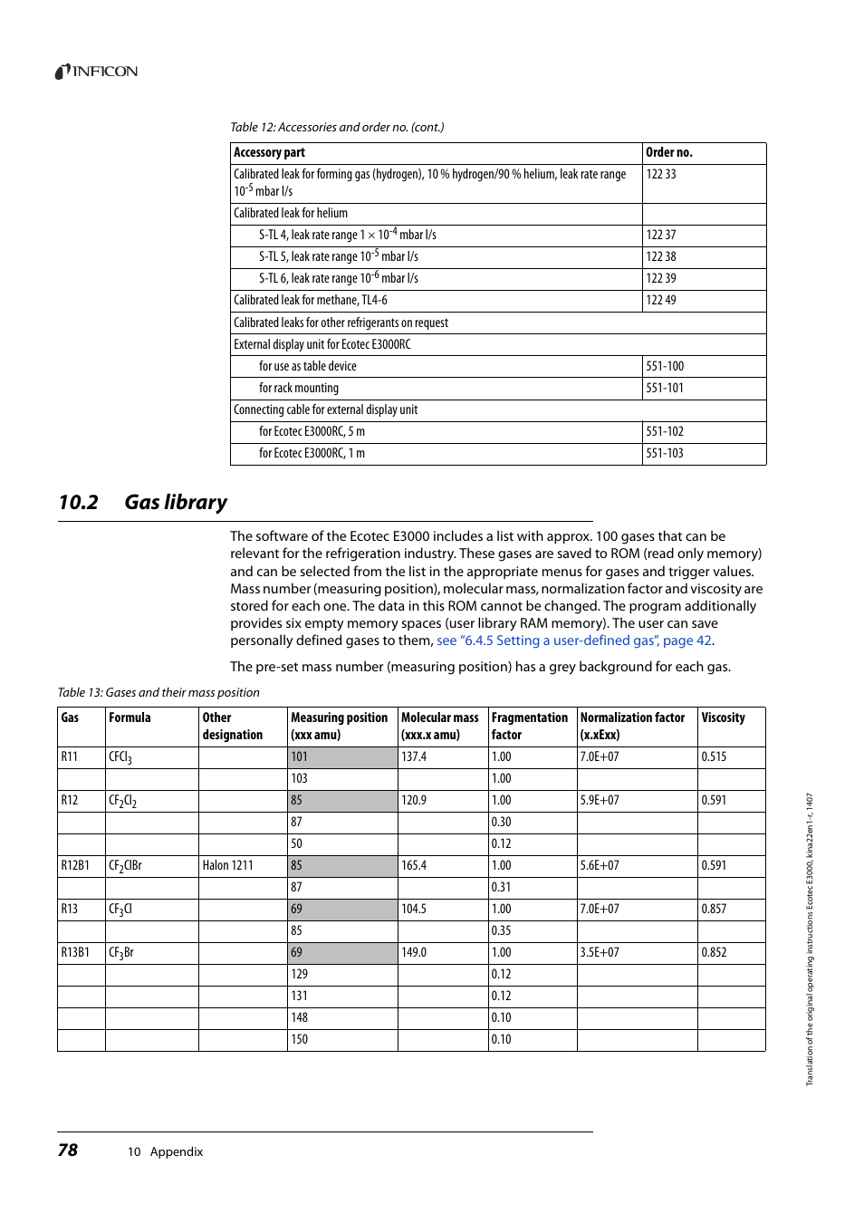 2 gas library, Gas library | INFICON Ecotec E3000 Multigas-Sniffer-Leak Detector User Manual | Page 78 / 92