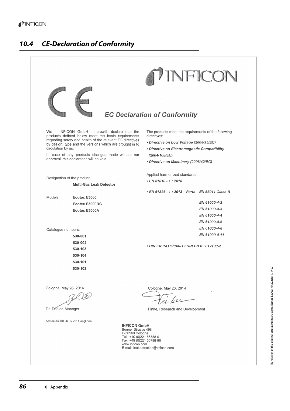 4 ce-declaration of conformity, Ce-declaration of conformity, 10 appendix | INFICON Ecotec E3000 Multigas-Sniffer-Leak Detector User Manual | Page 86 / 92
