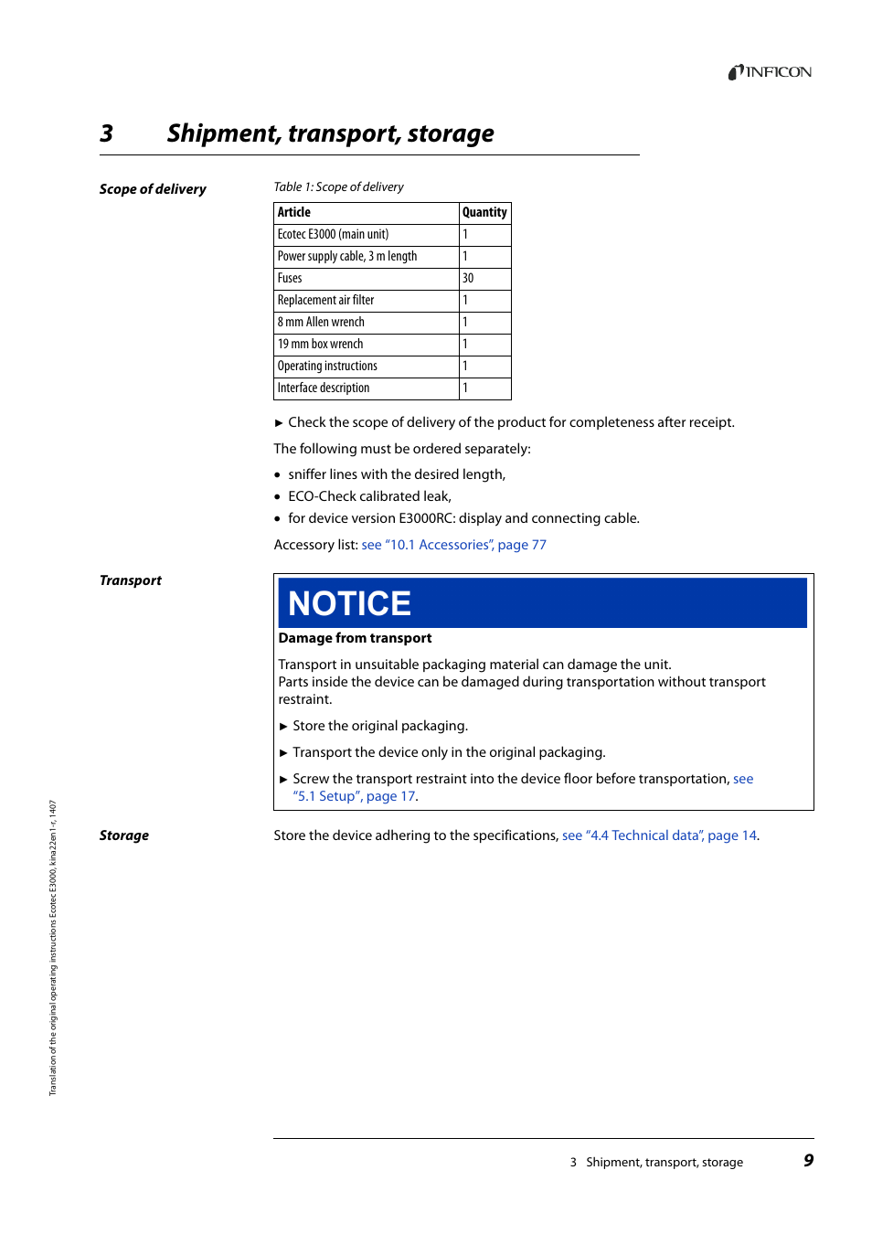3 shipment, transport, storage, Shipment, transport, storage, 3shipment, transport, storage | INFICON Ecotec E3000 Multigas-Sniffer-Leak Detector User Manual | Page 9 / 92