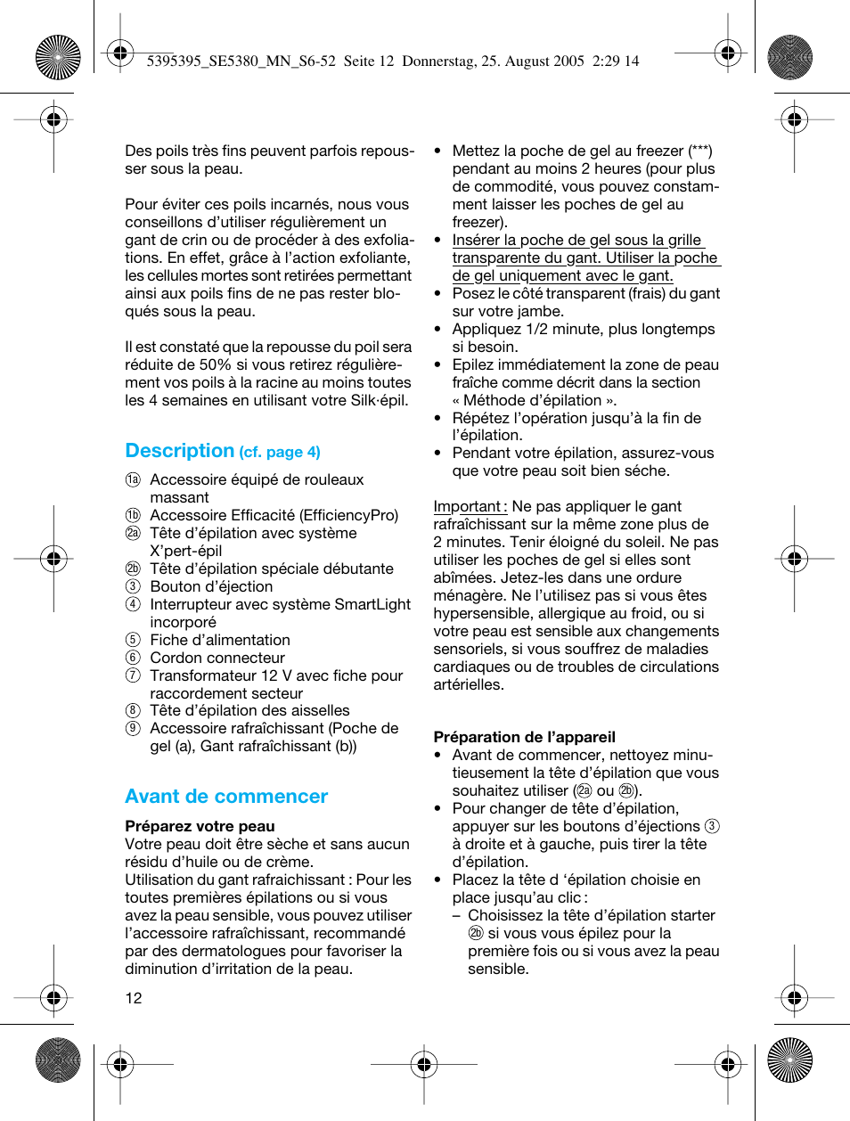 Description, Avant de commencer | Braun SILK-??PI X'ELLE 5380 User Manual | Page 11 / 51