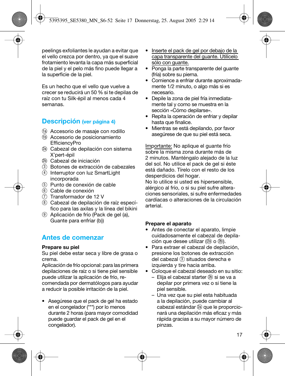 Descripción, Antes de comenzar | Braun SILK-??PI X'ELLE 5380 User Manual | Page 16 / 51