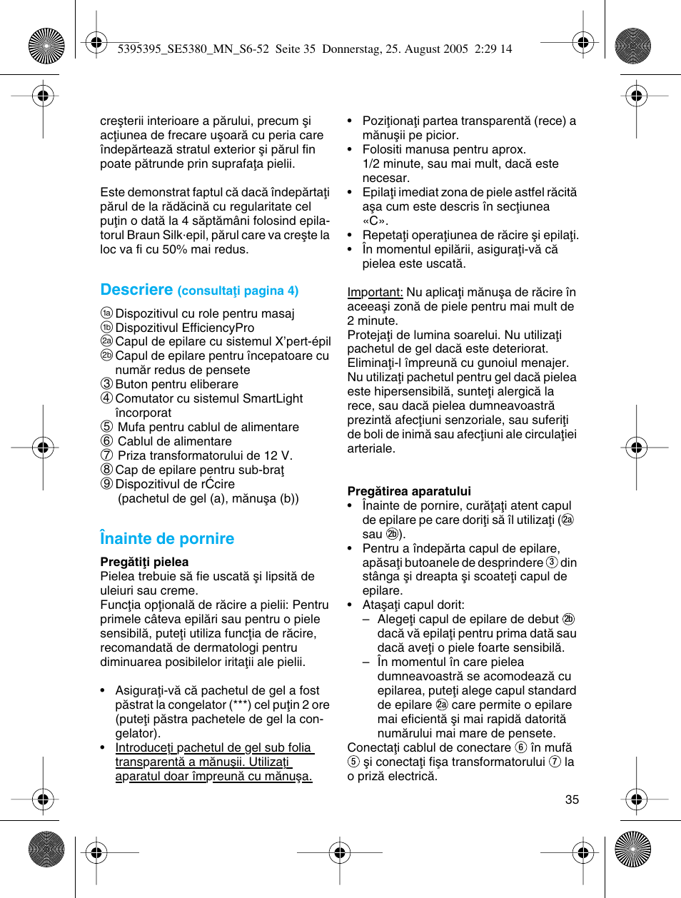 Descriere, Înainte de pornire | Braun SILK-??PI X'ELLE 5380 User Manual | Page 34 / 51