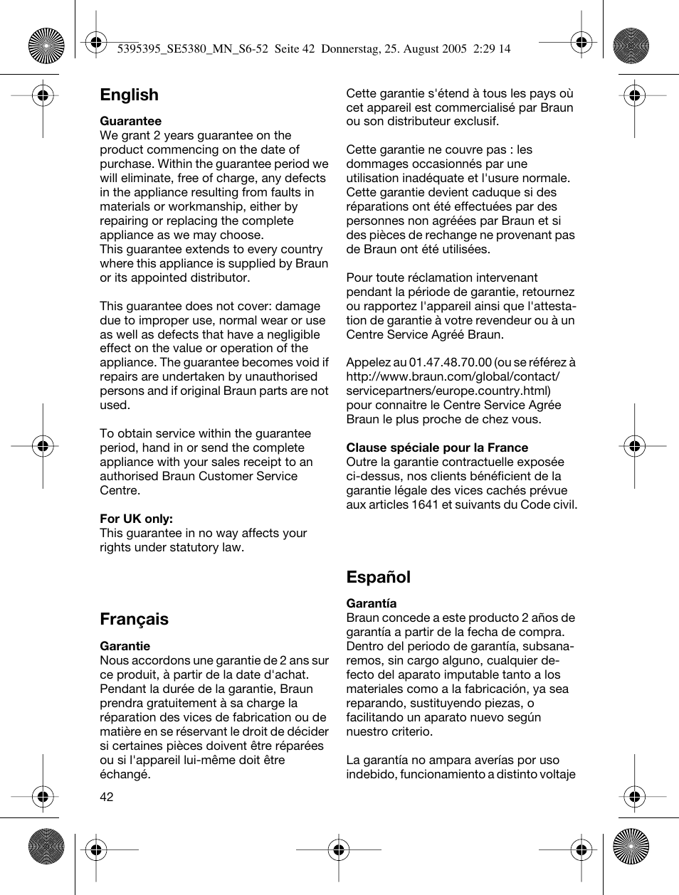 English, Français, Español | Braun SILK-??PI X'ELLE 5380 User Manual | Page 41 / 51