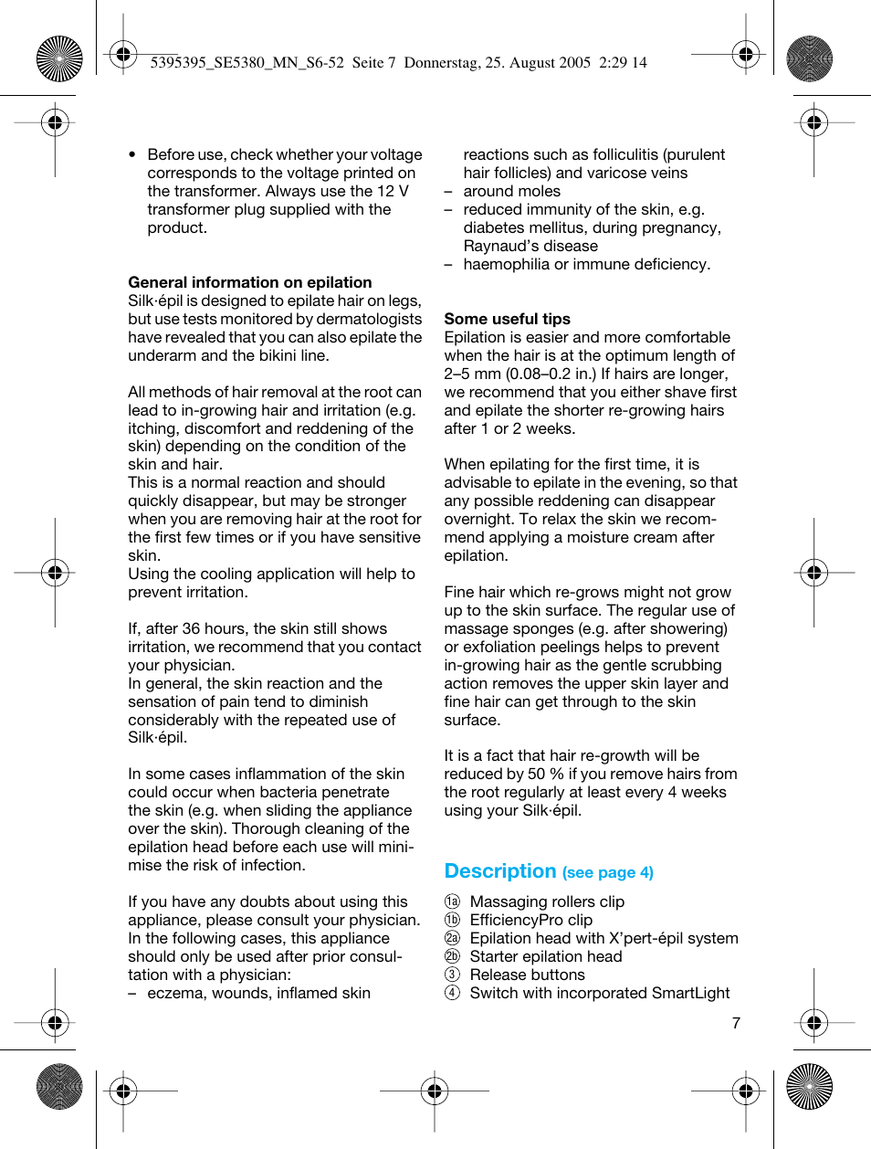 Description | Braun SILK-??PI X'ELLE 5380 User Manual | Page 6 / 51