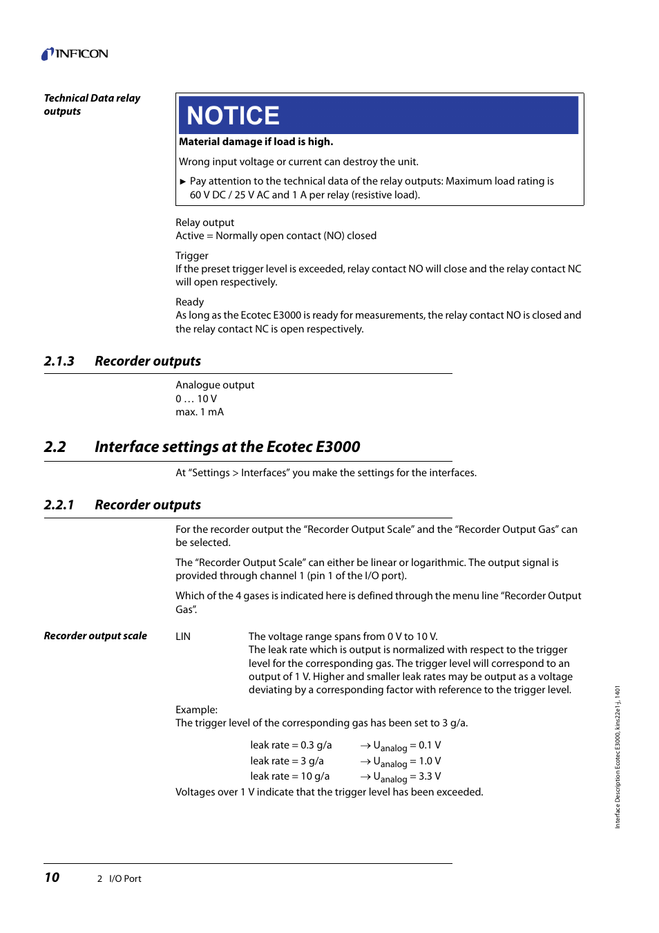 3 recorder outputs, 2 interface settings at the ecotec e3000, 1 recorder outputs | Recorder outputs, Interface settings at the ecotec e3000 | INFICON Ecotec E3000 Multigas-Sniffer-Leak Detector Interface description User Manual | Page 10 / 36
