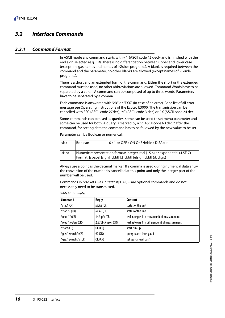 2 interface commands, 1 command format, Interface commands | Command format | INFICON Ecotec E3000 Multigas-Sniffer-Leak Detector Interface description User Manual | Page 16 / 36