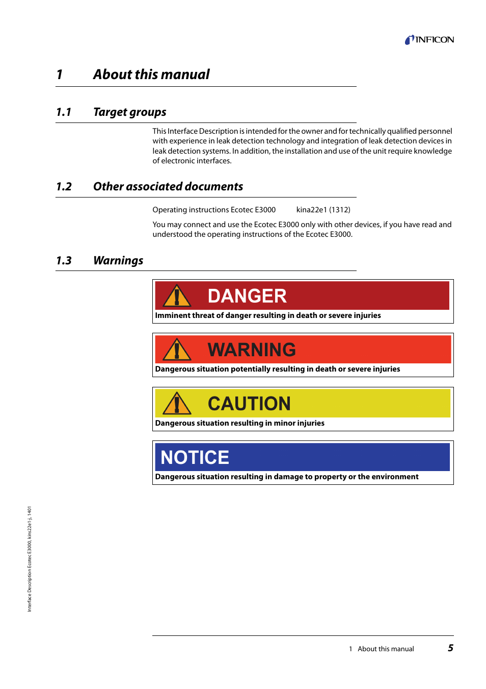 1 about this manual, 1 target groups, 2 other associated documents | 3 warnings, About this manual, Target groups, Other associated documents, Warnings, 1about this manual | INFICON Ecotec E3000 Multigas-Sniffer-Leak Detector Interface description User Manual | Page 5 / 36