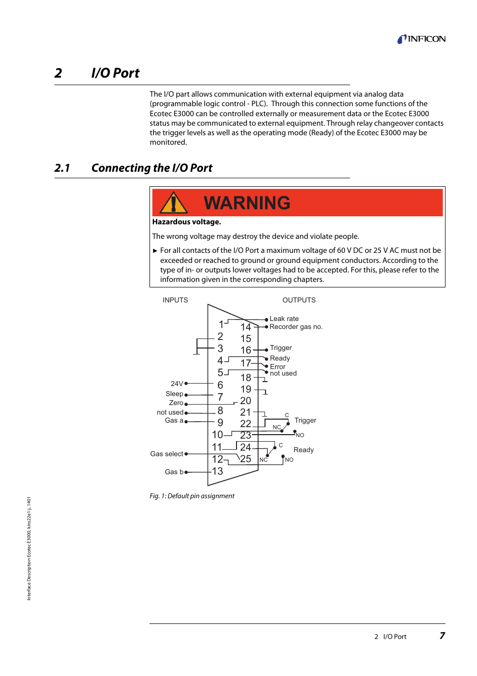 2 i/o port, 1 connecting the i/o port, I/o port | Connecting the i/o port, 2i/o port | INFICON Ecotec E3000 Multigas-Sniffer-Leak Detector Interface description User Manual | Page 7 / 36