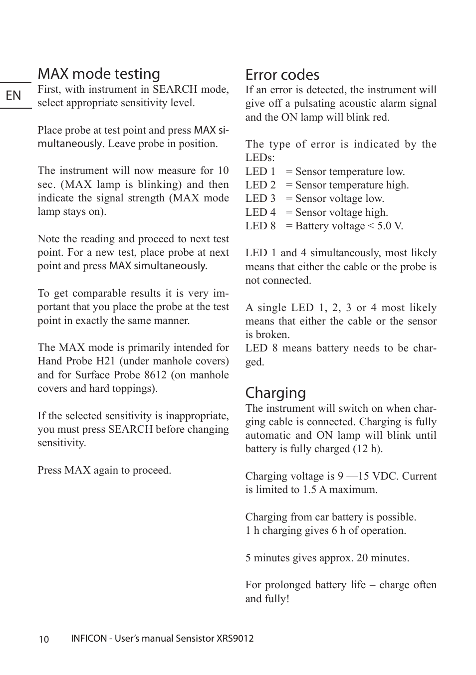 Max mode testing, Error codes, Charging | Ecksuchgerät | INFICON Sensistor XRS9012 Hydrogen Leak Detector User Manual User Manual | Page 10 / 28