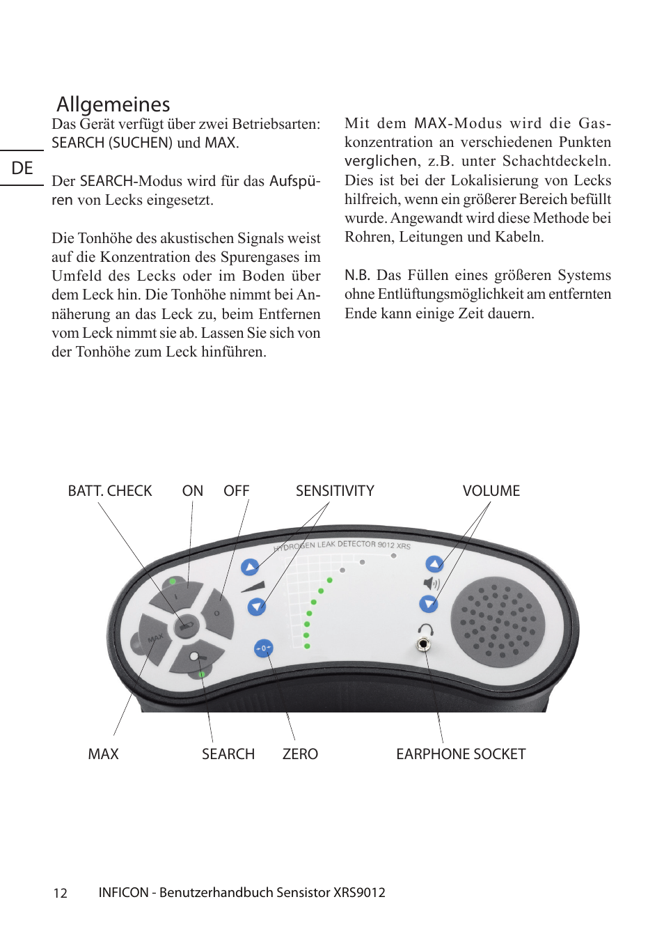Allgemeines | INFICON Sensistor XRS9012 Hydrogen Leak Detector User Manual User Manual | Page 12 / 28