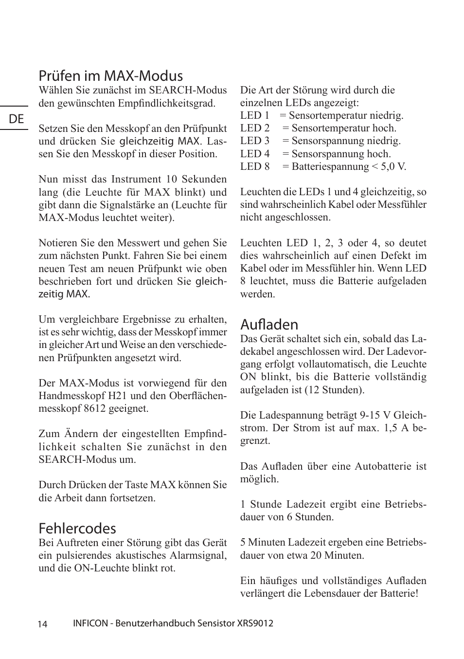 Prüfen im max-modus, Fehlercodes, Aufladen | Étecteur, Fuites | INFICON Sensistor XRS9012 Hydrogen Leak Detector User Manual User Manual | Page 14 / 28