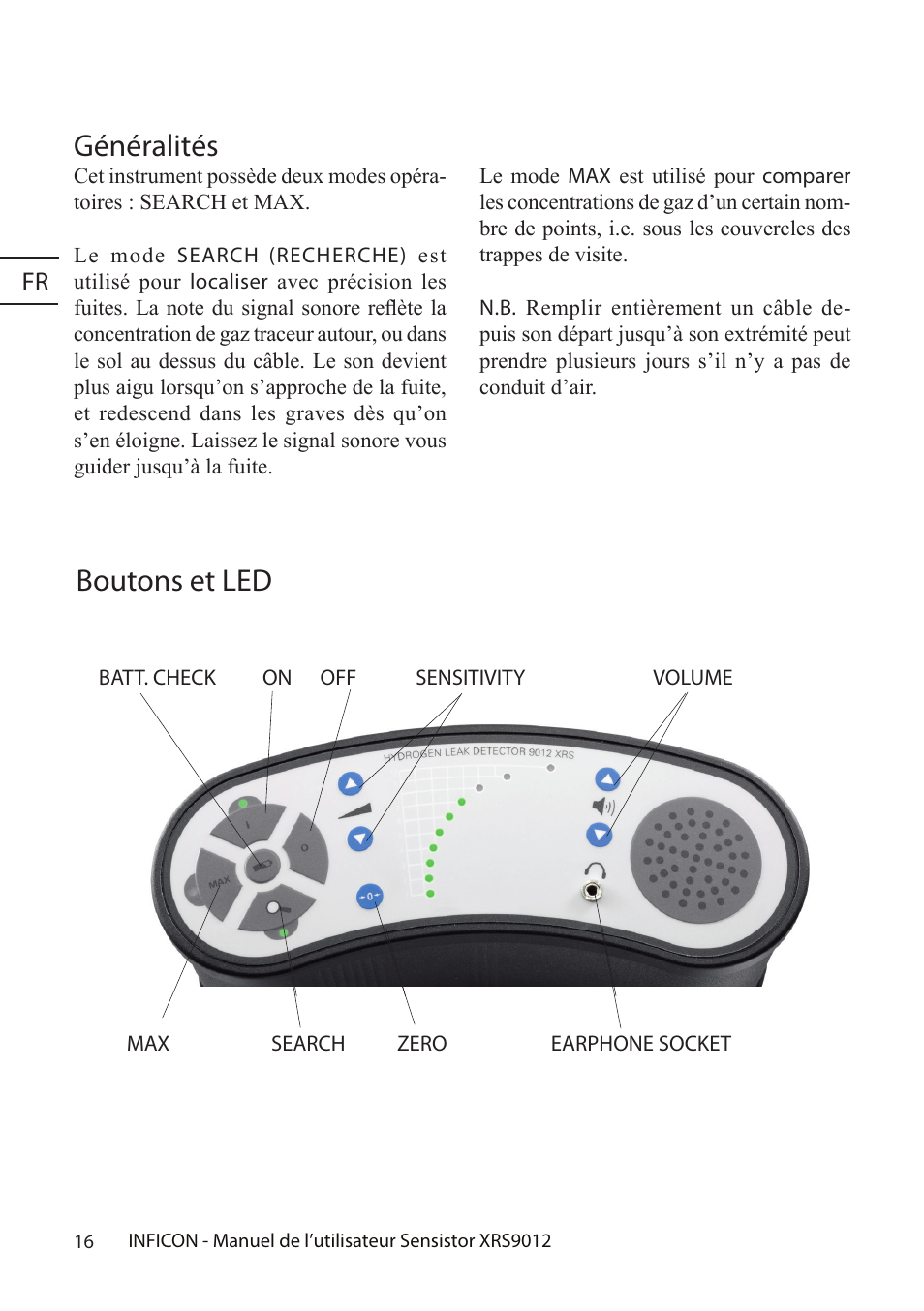 Généralités, Boutons et led | INFICON Sensistor XRS9012 Hydrogen Leak Detector User Manual User Manual | Page 16 / 28