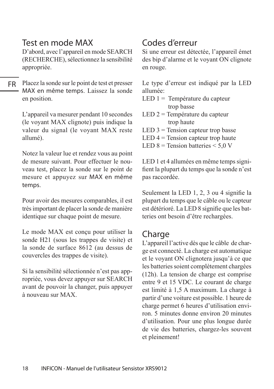Codes d’erreur, Charge, Test en mode max | Etector, Fugas | INFICON Sensistor XRS9012 Hydrogen Leak Detector User Manual User Manual | Page 18 / 28