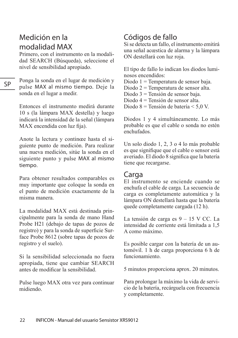 Medición en la modalidad max, Códigos de fallo, Carga | Ercafughe, Idrogeno | INFICON Sensistor XRS9012 Hydrogen Leak Detector User Manual User Manual | Page 22 / 28