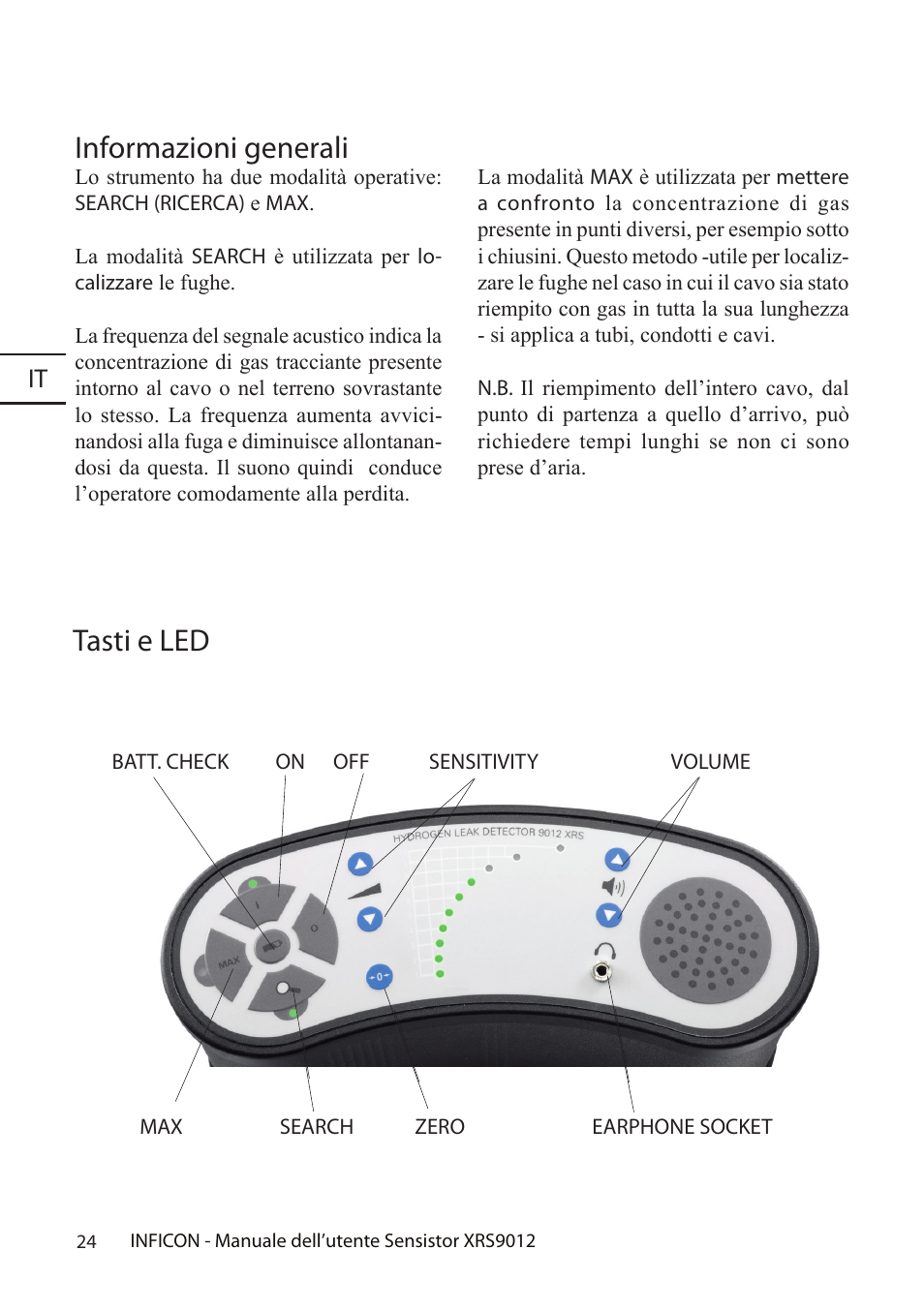 Tasti e led informazioni generali | INFICON Sensistor XRS9012 Hydrogen Leak Detector User Manual User Manual | Page 24 / 28