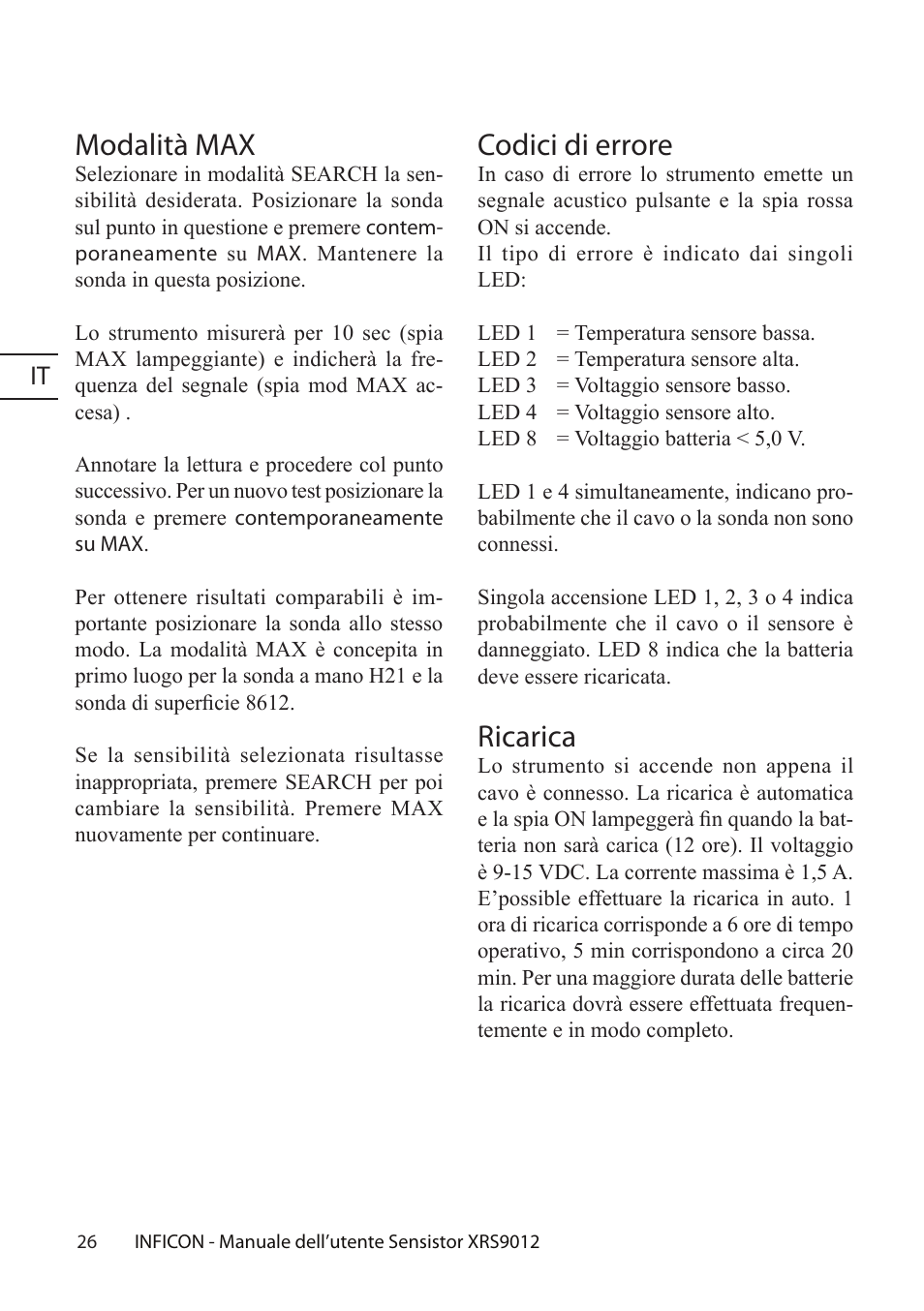 Codici di errore, Ricarica, Modalità max | INFICON Sensistor XRS9012 Hydrogen Leak Detector User Manual User Manual | Page 26 / 28