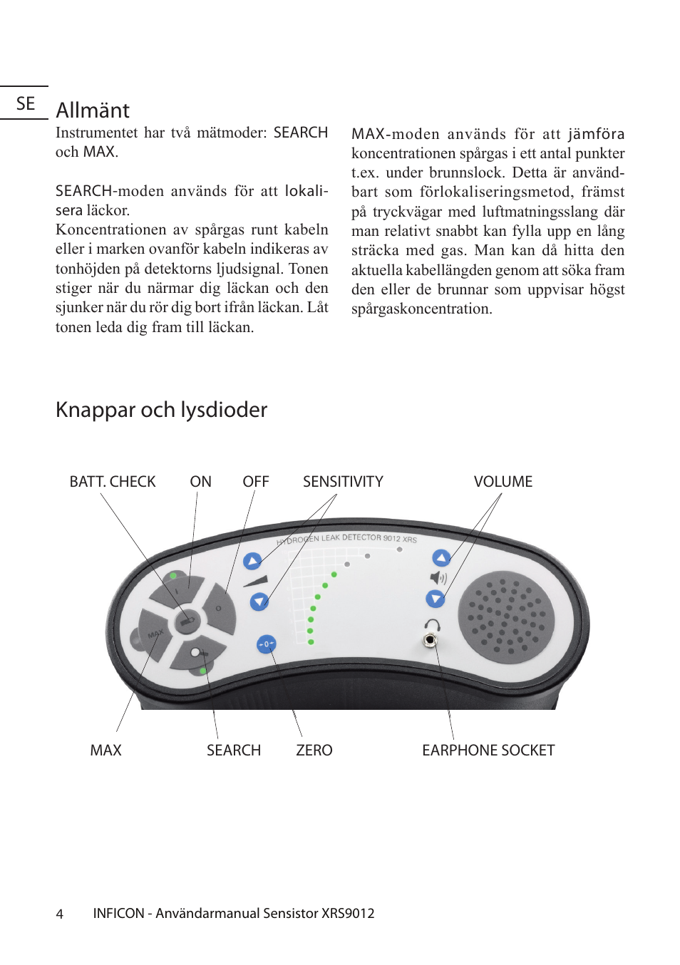 Allmänt, Knappar och lysdioder | INFICON Sensistor XRS9012 Hydrogen Leak Detector User Manual User Manual | Page 4 / 28