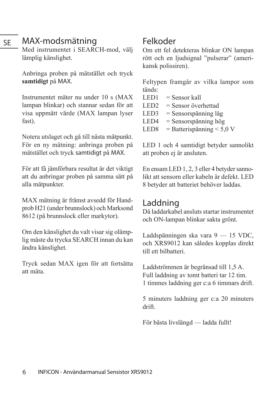 Max-modsmätning, Felkoder, Laddning | Ydrogen, Etector | INFICON Sensistor XRS9012 Hydrogen Leak Detector User Manual User Manual | Page 6 / 28