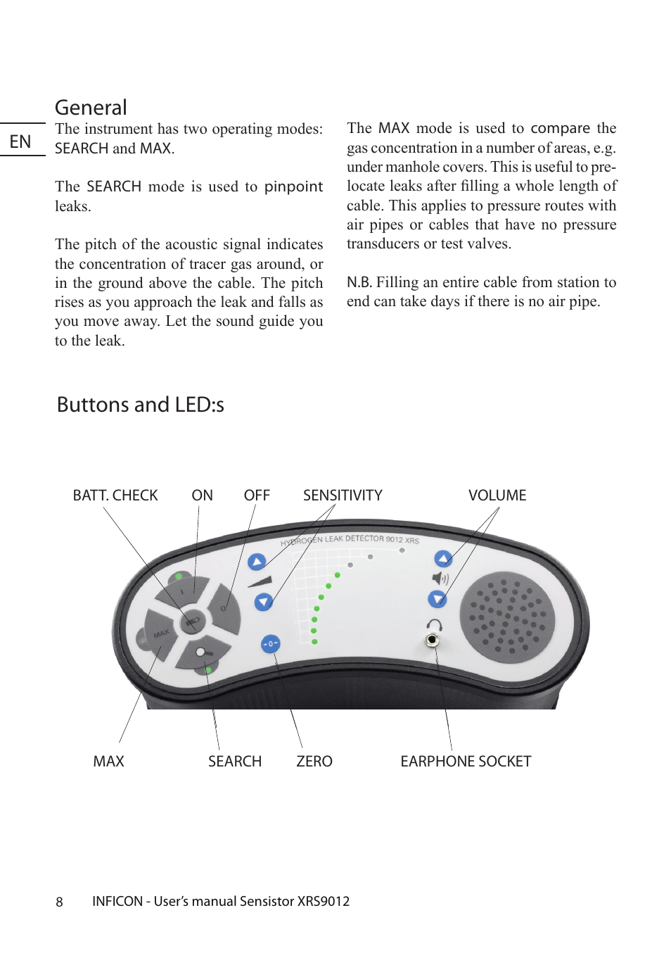 General, Buttons and led:s | INFICON Sensistor XRS9012 Hydrogen Leak Detector User Manual User Manual | Page 8 / 28